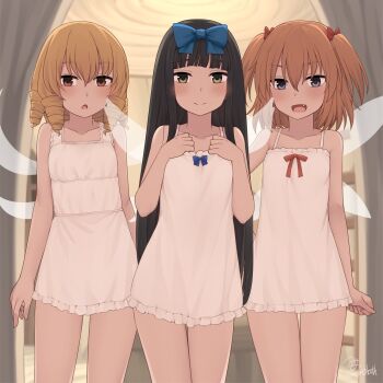 3girls :&gt; :c :d alternate_costume bare_shoulders black_hair blonde_hair blue_bow blue_eyes blunt_bangs bow brown_eyes commentary_request drill_hair flat_chest hair_bow hands_up highres indoors long_hair looking_at_viewer luna_child medium_hair miyo_(ranthath) multiple_girls nightgown open_mouth orange_hair sketch smile star_sapphire sunny_milk touhou two_side_up upper_body white_nightgown yellow_eyes