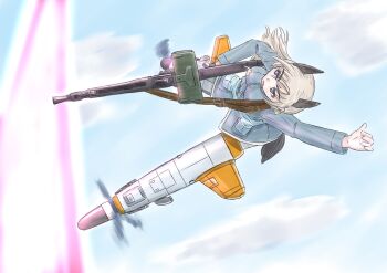 1girl animal_ears arm_up belt_pouch blonde_hair blue_jacket breasts cloud commentary_request dog_ears eila_ilmatar_juutilainen energy_beam flying gun jacket keyboardnoob long_hair machine_gun magazine_(weapon) medium_breasts mg42 military military_uniform motion_blur pantyhose pouch purple_eyes sky solo strike_witches striker_unit tail translation_request weapon white_pantyhose world_witches_series