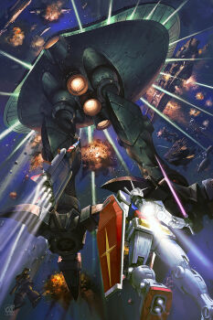 2022 artist_request asteroid battle big_zam claws core_booster core_fighter dated earth_federation_space_forces energy_beam energy_sword explosion firing fleet gundam gundam_perfect_file highres machinery mecha mecha_focus mobile_suit mobile_suit_gundam musai no_humans official_art painting_(medium) realistic rick_dom robot rx-78-2_gundam salamis_class scan science_fiction shield signature size_difference space spacecraft star_(sky) starfighter sword talons thrusters traditional_media walker_(robot) weapon zaku_ii zeon zero_gravity