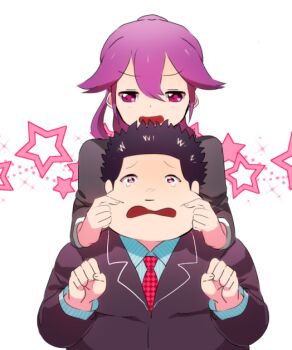 1boy 1girl black_suit blue_shirt brbrkoushin cheek_pinching clenched_hands commentary_request fat flipped_hair formal_clothes hair_between_eyes karasawa_takahiro konishi_ayano koushinism necktie pinching ponytail purple_eyes purple_hair real_life red_necktie shirt suit tears
