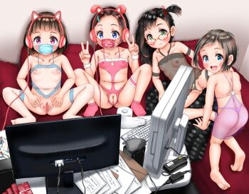 4girls absurdres artist_request ass barefoot blush camisole censored cleft_of_venus collarbone computer crotchless double_v exhibitionism face_mask fat_mons feet female_focus flat_chest full_body glasses harem headphones higeepon highres lingerie loli looking_at_viewer mask monitor mosaic_censoring multiple_girls nipples presenting public_indecency pussy rabbit_ears revealing_clothes see-through_clothes smile spread_pussy tagme thighhighs third-party_edit thong toilet_paper transparent underwear v