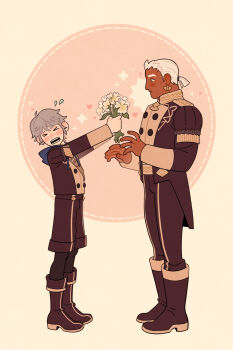 >_< 2boys arms_up ashe_ubert black_jacket black_pants black_shorts blue_hood blush boots bouquet closed_eyes collared_jacket commentary dan_(shuppie) dark-skinned_male dark_skin dedue_molinaro earrings english_commentary fire_emblem fire_emblem:_three_houses flower flying_sweatdrops full_body garreg_mach_monastery_uniform grey_hair heart highres holding holding_bouquet hood hood_down jacket jewelry long_sleeves male_focus multiple_boys nintendo open_mouth outstretched_arm pants piercing ponytail school_uniform short_hair short_ponytail shorts standing white_flower white_hair yaoi