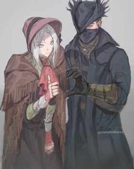 1boy 1girl ascot bloodborne blue_eyes bonnet cloak closed_eyes coat doll doll_joints dress fromsoftware gloves grey_background guri_otoko hat heart heart_hands highres hunter_(bloodborne) joints looking_at_viewer mask mouth_mask plain_doll short_hair thumbs_up tricorne white_hair