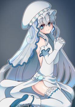 1girl bare_shoulders blue_eyes borokuro closed_mouth commentary_request dress elbow_gloves gen_7_pokemon gloves hat highres kneeling long_hair nihilego nintendo outline own_hands_together personification pokemon shoes smile solo star-shaped_pupils star_(symbol) symbol-shaped_pupils thighhighs ultra_beast veil white_dress white_gloves white_hair white_hat white_shoes white_thighhighs