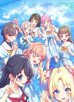 6+girls :d ^_^ ahoge anyoji_hime black_hair blonde_hair blue_dress blue_eyes blue_ribbon blue_sky blunt_bangs blunt_ends bob_cut braid breast_pocket breasts brown_hair center-flap_bangs ceras_yanagida_lilienfeld clenched_hands closed_eyes cloud collarbone commentary_request curtained_hair day double_v dress flower green_eyes green_neckerchief grey_hair hair_flower hair_ornament hair_ribbon half_updo hasu_no_sora_school_uniform highres hinoshita_kaho kachimachi_kosuzu katsuragi_izumi link!_like!_love_live! long_hair long_sleeves looking_at_another looking_at_viewer love_live! medium_breasts medium_dress medium_hair momose_ginko multi-tied_hair multiple_girls murano_sayaka neckerchief open_hand open_mouth orange_eyes osawa_rurino parted_bangs pink_flower pink_ribbon pleated_dress pocket ponytail puffy_short_sleeves puffy_sleeves purple_eyes rabbit_hair_ornament raised_fist red_neckerchief red_ribbon ribbon roze_(ro_z7) sailor_collar sailor_dress school_uniform second-party_source short_hair short_sleeves side_braids sky slit_pupils smile summer_uniform teeth triangle_hair_ornament twintails two_side_up upper_teeth_only v virtual_youtuber watermark watermark_grid white_sailor_collar wolf_cut yellow_neckerchief