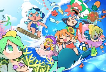 Rule 34 | 6+girls, adapted costume, american flag dress, aqua eyes, aqua hair, ball, beach volleyball, bikini, black hair, blonde hair, blue dress, buoy, cirno, clownpiece, coconut tree, corn dog, crab, cup, cupping glass, daiyousei, disposable cup, disposable ice cream cup, dolphin, dress, dress swimsuit, eyewear on head, fairy, fairy wings, fine art parody, fins, fish, flower, flower necklace, food, frilled dress, frills, fruit, green eyes, green hair, hair bun, hat, highres, jester cap, jewelry, lifebuoy, luna child, moyazou (kitaguni moyashi seizoujo), multiple girls, necklace, noodles, orange dress, orange eyes, orange hair, palm tree, parody, pineapple, pointing, polka dot, popsicle stick, red eyes, riding, seashell, shell, shell bikini, shirt tan, single hair bun, star sapphire, starfish, sunflower, sunglasses, sunny milk, surfing, sweatdrop, swim ring, swimsuit, tan, tanline, touhou, tree, tupet, watermelon, watermelon slice, waves, wings, yakisoba