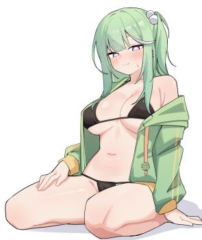 1girl absurdres arm_at_side arm_support armpit_crease bikini black_bikini blush breasts closed_mouth commentary_request full_body green_hair green_jacket hair_ornament hand_on_own_thigh highres jacket korean_commentary large_breasts long_hair long_sleeves looking_at_viewer maksagwa multicolored_hair one_side_up open_clothes open_jacket panties pom_pom_(clothes) pom_pom_hair_ornament purple_eyes shadow simple_background single_off_shoulder sitting small_sweatdrop smile solo stellive straight_hair streaked_hair string_bikini swimsuit underwear virtual_youtuber white_background white_panties yuzuha_riko