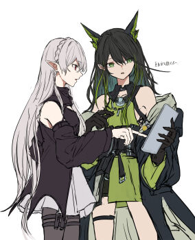 2girls absurdres arknights black_coat black_dress black_hair black_hands black_pantyhose black_sleeves braid breasts brown_eyes coat colored_extremities detached_sleeves dress from_side green_dress green_eyes green_hair grey_dress grey_hair hair_between_eyes highres holding holding_tablet_pc knm_kamakura long_hair mon3tr_(arknights) multicolored_hair multiple_girls off_shoulder open_clothes open_coat pantyhose parted_lips pointy_ears profile simple_background small_breasts tablet_pc talking thigh_strap translation_request warfarin_(arknights) white_background