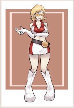 1girl bare_shoulders belt black_belt blonde_hair boots breasts cleavage collarbone collared_shirt commission crop_top elbow_gloves gloves go-rock_squad go-rock_squad_grunt_(pokemon) highres midriff mixed-language_commentary nintendo open_mouth pixiv_commission pokemon pokemon_ranger_(series) pokemon_ranger_1 ragou2niko shirt short_hair skirt sleeveless sleeveless_shirt smile solo standing tinted_eyewear variant_set white_boots white_gloves white_shirt white_skirt yellow-tinted_eyewear