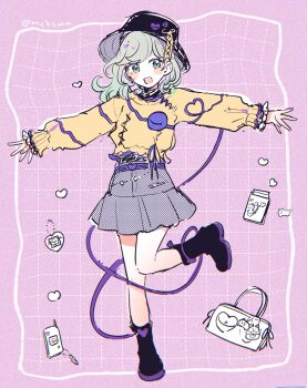 1girl alternate_costume alternate_headwear bag bag_charm black_boots black_hat blush boots cellphone_charm charm_(object) commentary_request eyeball full_body green_eyes green_hair grey_skirt grid_background hat heart heart_of_string highres knife komeiji_koishi leg_up long_hair long_sleeves looking_at_viewer mozukuzu_(manukedori) open_mouth outstretched_arms phone pink_background pink_nails shirt skirt smile solo spread_arms third_eye touhou translation_request twitter_username virtual_pet_(toy) yellow_shirt