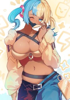 1girl aqua_hair bandeau belt black_belt black_mask black_pants blonde_hair blue_eyes blue_pants blush breasts canari_(pokemon) cleavage criss-cross_straps dark-skinned_female dark_skin fenrishion gen_4_pokemon highres jacket large_breasts lightning_bolt_symbol long_sleeves looking_at_viewer mask mask_pull mouth_mask multicolored_hair navel nintendo one_eye_closed pants pokemon pokemon_legends:_z-a rotom rotom_phone short_twintails solo split-color_hair sports_bra star_(symbol) twintails two-tone_hair two-tone_mask two-tone_pants yellow_bandeau yellow_jacket yellow_mask yellow_sports_bra