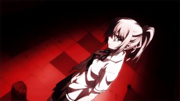 1girl absurdres animated animated_gif black_skirt blue_eyes bluesy_fluesy collared_shirt female_focus grey_hair highres long_hair looking_at_viewer miniskirt pleated_skirt ponytail school_uniform sexually_suggestive shirt skirt solo solo_focus taboo_tattoo torn_clothes torn_shirt white_shirt