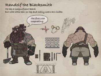 1boy apron back bare_shoulders blacksmith boots braid braided_beard concept_art dwarf facial_hair glasses gloves hammer large_nose muscular muscular_male promotional_art randolf_(wizardry) scar shirtless_male solo tattoo tool_belt wizardry wizardry_variants_daphne