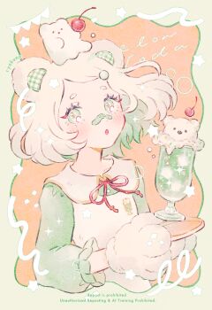 1girl :o animal_ears animal_hands artist_name bandaid bandaid_on_face bandaid_on_nose bear bear_ears blush border cherry commentary_request confetti dress eyelashes food fruit gloves green_border green_eyes green_sleeves holding holding_plate ice_cream ice_cream_float long_sleeves looking_at_viewer melon_soda neck_ribbon open_mouth original outside_border paw_gloves plate polar_bear red_background red_ribbon ribbon ryokuno_green short_hair solo sparkle star_(symbol) string_of_flags swept_bangs upper_body white_dress white_hair