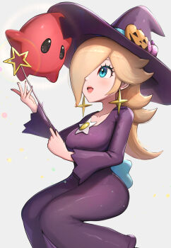 1girl absurdres blonde_hair blue_eyes blush breasts brooch candy_hat_ornament collarbone dress earrings gonzarez hair_over_one_eye halloween hat hat_ornament highres holding holding_wand jack-o&#039;-lantern_hat_ornament jewelry large_breasts long_hair long_sleeves luma_(mario) mario_(series) mario_kart mario_kart_tour nintendo official_alternate_costume one_eye_covered open_mouth pumpkin_hat_ornament pumpkin_ornament purple_dress purple_hat red_luma rosalina rosalina_(halloween) simple_background smile star_(symbol) star_brooch star_earrings star_wand super_mario_galaxy wand witch_hat