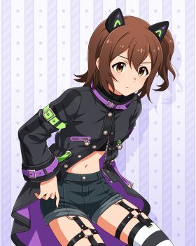 Rule 34 | 1girl, animal ears, arm belt, black coat, black shorts, brown eyes, brown hair, card commentary, cat ears, closed mouth, coat, commentary request, fake animal ears, game cg, idolmaster, idolmaster million live!, idolmaster million live! theater days, kasuga mirai, leaning forward, long sleeves, navel, o-ring, o-ring thigh strap, official alternate costume, official art, one side up, partially unzipped, serious, short hair, shorts, solo, standing, street cats (idolmaster), thigh strap, third-party source