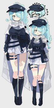 ! 1girl absurdres aqua_hair asymmetrical_bangs bag belt belt_pouch black_belt black_shoes black_socks black_sweater blue_archive blush breasts burger chibi chibi_inset closed_eyes closed_mouth coat eating flying_sweatdrops food food_on_face full_body green_eyes hair_ornament hair_over_one_eye hairclip halo hat hat_ornament highres hiyori_(blue_archive) holding holding_food kneehighs large_breasts leg_belt long_hair long_sleeves looking_at_viewer multiple_views newsboy_cap odmised open_mouth pouch scarf shoes side_ponytail simple_background skirt socks solo spoken_exclamation_mark standing star_(symbol) star_hat_ornament sweater thigh_pouch thigh_strap white_background white_coat white_scarf white_skirt