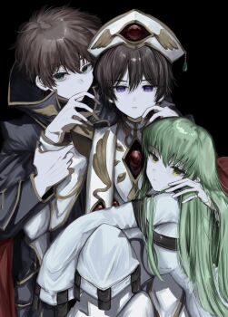 1girl 2boys black_background brown_hair c.c. cape code_geass gem green_eyes green_hair hand_on_another&#039;s_shoulder hat high_collar highres holding_another&#039;s_arm kururugi_suzaku lelouch_vi_britannia long_hair long_sleeves looking_at_viewer multiple_boys nndm_ak purple_eyes short_hair visible_ears white_hat yellow_eyes