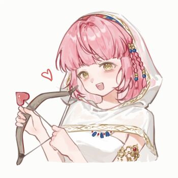 1girl aegyo_sal animated animated_gif armlet arrow_(projectile) bare_arms beads blunt_bangs bow_(weapon) braid chinese_commentary cloak commentary_request cropped_torso dot_nose drawing_bow eyelashes gold_armlet hair_beads hair_intakes hair_ornament happy heart heart_arrow holding holding_arrow holding_bow_(weapon) holding_weapon hood hood_up hooded_cloak infinity_nikki jewelry light_blush looking_at_viewer looping_animation loose_hair_strand medium_hair necklace nikki_(nikki) nikki_(series) open_mouth pink_hair shirt side_braids simple_background smile solo strapless strapless_shirt tareme teeth twin_braids upper_teeth_only weapon white_background white_cloak white_shirt winking_(animated) yelinnnn yellow_eyes