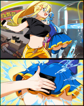 Rule 34 | 3girls, absurdres, anal beads, aqua (konosuba), ass, black shirt, blonde hair, blue eyes, blue hair, blue shirt, blue skirt, blurry, blurry background, box, breasts, cardboard box, commentary, darkness (konosuba), detached sleeves, dildo, drawstring, dress, emphasis lines, english commentary, hair ornament, hairclip, highres, holding, holding box, indoors, kono subarashii sekai ni shukufuku wo!, large breasts, leaking, leaning forward, long hair, looking at viewer, megumin, motion blur, multiple girls, navel, pants, red dress, sex toy, shirt, short sleeves, skirt, sleeveless, sleeveless shirt, snegovski, spanked, spanking, standing, thighhighs, thighs, unaligned breasts, water, white thighhighs, x hair ornament, yellow pants