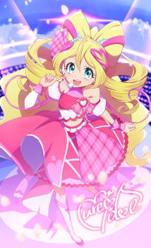 1girl aqua_eyes blonde_hair bow-shaped_hair breasts crop_top cure_idol detached_sleeves diamond-shaped_pupils diamond_(shape) hair_between_eyes hair_ornament headset heart heart_hair_ornament highres idol idol_clothes jewelry kimi_to_idol_precure light_blush long_hair looking_at_viewer medium_breasts midriff multicolored_hair navel open_mouth pink_hair pink_nails pink_skirt plaid_clothes plaid_skirt precure puffy_short_sleeves puffy_sleeves sakura_uta_(precure) shirt short_sleeves skirt sleeveless sleeveless_shirt smile solo stomach symbol-shaped_pupils umiru very_long_hair wavy_hair