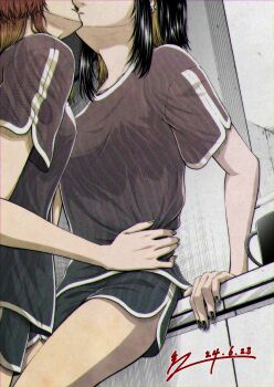 2girls aketa_mikoto counter gym_shirt gym_shorts hand_on_another&#039;s_waist highres idolmaster idolmaster_shiny_colors ikaruga_luca imminent_kiss kirishima-akayuki leaning_on_table leg_between_thighs medium_hair multicolored_hair multiple_girls nail_polish out_of_frame parted_lips shirt shorts yuri