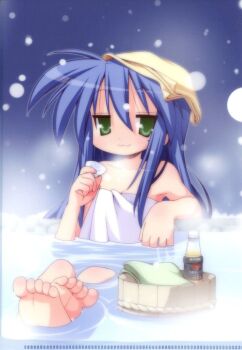 1girl arm_rest artist_request barefoot bath blue_background blue_hair cup drink drinking_glass feet feet_together feet_up green_eyes holder izumi_konata looking_at_viewer lucky_star mole mole_under_eye onsen picture-in-picture poster_(medium) shadow smile soles solo source_request steam toes towel towel_on_head water
