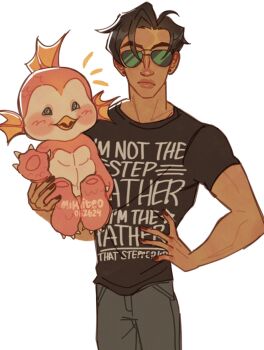 1boy 1girl black_hair black_shirt broad_shoulders closed_mouth covered_pectorals emi_(ultraman:_rising) highres kaiju male_chest matteo_(mirapteo) pants pectorals sato_kenji shirt sunglasses t-shirt tinted_eyewear toned toned_male ultra_series ultraman:_rising