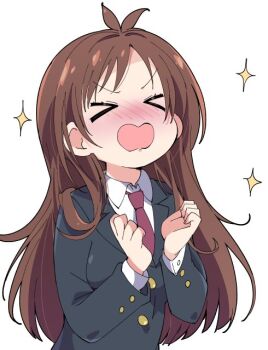 Rule 34 | > <, 1girl, ahoge, blazer, blush, brown hair, closed eyes, collared shirt, commentary, female focus, hair ornament, hands up, idolmaster, idolmaster cinderella girls, ixy, jacket, long hair, necktie, nose blush, open mouth, shirt, simple background, solo, sparkle, tsujino akari, upper body, white background