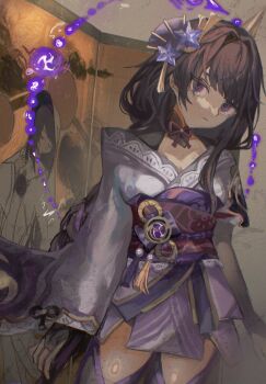 1girl absurdres alternate_costume bridal_gauntlets closed_mouth commentary_request cosplay electricity expressionless fan_hair_ornament genshin_impact glowing head_tilt highres indoors japanese_clothes kimono long_hair looking_to_the_side mole mole_under_eye neck_ribbon off_shoulder purple_eyes purple_hair purple_kimono purple_thighhighs raiden_shogun red_ribbon red_sash ribbon robe sash shade solo standing statue_of_the_seven statue_of_the_seven_(cosplay) tamayadayo thighhighs white_robe