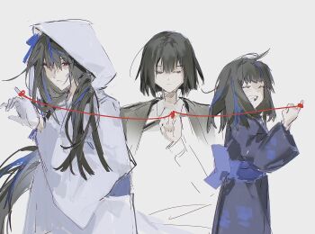 1girl 3girls akmisss00 araya_(project_moon) black_hair blue_hair blue_streaks child closed_eyes closed_mouth commentary english_commentary family gloves grey_background highres hood hood_up japanese_clothes kimono limbus_company long_hair long_sleeves mature_eyes mother_and_child mother_and_daughter multicolored_hair multiple_girls multiple_views obi open_mouth parent_and_child pinky_out project_moon purple_kimono red_eyes ryoshu_(project_moon) sash shiomi_yoru_(project_moon) shirt short_hair simple_background smile streaked_hair string string_of_fate very_long_hair white_gloves white_kimono