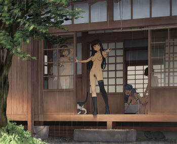 1boy 2020 3girls ;o admiral_(kancolle) all_fours animal asymmetrical_legwear background_sex black_socks black_thighhighs blue_hair blunt_bangs breasts breasts_apart brown_hair bucket casual_nudity casual_sex cat commentary_request day doggystyle double_bun elbow_gloves female_pubic_hair from_outside full_body gloves hair_bun hair_ribbon hairband hanging_breasts hetero highres hime_cut implied_sex indoors isokaze_(kancolle) japanese_house kantai_collection large_breasts legs_together long_hair medium_breasts multiple_girls nipples no_shoes nude nudist one_eye_closed open_mouth outdoors outstretched_hand porch pubic_hair rain ribbon sex sex_from_behind short_hair shouji single_sock single_thighhigh sliding_doors small_breasts socks standing takemura_sessyu tanikaze_(kancolle) thighhighs tree tress_ribbon uneven_legwear urakaze_(kancolle) veranda white_gloves white_thighhighs zenra
