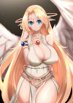 angel_wings blue_eyes blue_gemstone bracelet breasts gem goddess_bracelet goddess_headdress highres ilias jewelry large_breasts mon-musu_quest! mon-musu_quest:_paradox necklace red_gemstone tazei240207 thick_thighs thighs wings