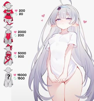 Rule 34 | 1girl, absurdres, ahoge, alternate costume, blue eyes, blue hairband, breasts, closed mouth, commentary, english commentary, female tyrant (stella sora), grey hair, hair ornament, hairband, highres, huge ahoge, legs, light blush, light frown, long hair, looking at viewer, medium breasts, naked shirt, narrowed eyes, pipoccon, pointy ears, shirt, solo, standing, stella sora, t-shirt, thighs, twitter strip game, tyrant (stella sora), very long hair, white shirt