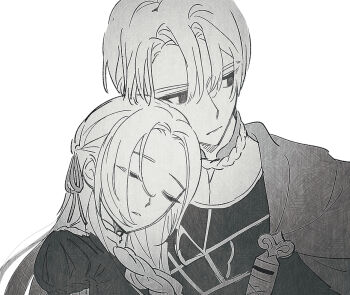 Rule 34 | 1boy, 1girl, capelet, closed eyes, closed mouth, couple, dimitri alexandre blaiddyd, edelgard von hresvelg, empty eyes, fire emblem, fire emblem: three houses, garreg mach monastery uniform, hair between eyes, hair ribbon, heads together, hetero, ikaikakka, leaning back, leaning on person, long hair, long sleeves, looking to the side, monochrome, nintendo, parted lips, puffy long sleeves, puffy sleeves, ribbon, upper body