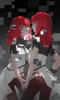 2girls belt breasts chanc030 cowboy_shot devola digital_dissolve green_eyes highres long_hair medium_breasts messy_hair multiple_girls nier:automata nier_(series) pants parted_lips popola red_hair red_pants scrunchie short_sleeves siblings sisters twins white_belt wrist_scrunchie