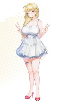 1girl absurdres blonde_hair braid breasts closed_mouth collarbone double_v dress earrings hair_ornament heart heart_hair_ornament heart_o-ring high_heels highres jewelry large_breasts long_braid long_hair noixen o-ring o-ring_thigh_strap original pink_shoes shoes thigh_strap twitter_username v white_dress yellow_eyes