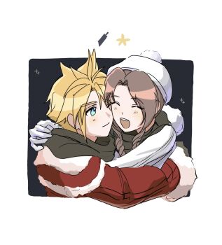 1boy 1girl aerith_gainsborough aerith_gainsborough_(fairy_of_snowfall) aet_ykt aqua_eyes beret black_background black_scarf blonde_hair border brown_hair buster_sword cheek-to-cheek closed_eyes closed_mouth cloud_strife cloud_strife_(holiday_outfit) coat commentary couple english_commentary final_fantasy final_fantasy_vii final_fantasy_vii:_ever_crisis flower fur-trimmed_coat fur_trim gloves hair_between_eyes hat heads_together hetero highres hood hooded_coat hug light_blush long_hair looking_at_another official_alternate_costume one_eye_closed open_mouth parted_bangs pom_pom_hat_ornament red_coat scarf shared_clothes shared_scarf short_hair sidelocks smile spiked_hair upper_body white_border white_coat white_gloves white_hat yellow_flower