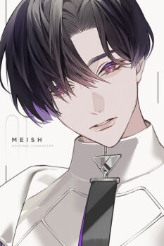 1boy black_hair character_name commentary_request english_text eyelashes hair_between_eyes hair_over_one_eye high_collar jacket looking_at_viewer male_focus manomenou multicolored_hair original parted_bangs parted_lips phone portrait purple_eyes purple_hair shirt short_hair simple_background solo two-tone_hair upper_body white_background white_jacket zipper_pull_tab