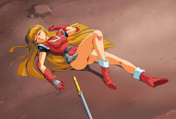 1girl absurdres altiana android breasts closed_eyes defeat high_heels highres legs lying on_back phantommy red_shoes shoes space_hunter unconscious