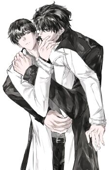 2boys 8d2suga9 black_coat black_eyes black_hair black_shirt coat cowboy_shot hand_on_another&#039;s_face hand_on_another&#039;s_shoulder hand_on_another&#039;s_stomach highres hug hug_from_behind kim_dokja large_hands looking_at_another male_focus multiple_boys omniscient_reader&#039;s_viewpoint open_clothes open_coat popped_collar serious shirt short_hair white_coat yaoi yoo_joonghyuk