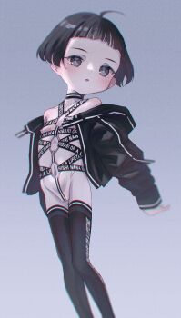 1girl ahoge bdsm black_eyes black_hair captaintcher choker clothes_writing commentary_request flat_chest highres jacket loli looking_at_viewer open_clothes open_jacket original shibari short_hair solo techwear thighhighs