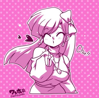 1girl ^_^ artist_name bare_shoulders blowing_kiss bow breasts closed_eyes earrings english_text hair_bow heart jewelry kuonji_ukyou large_breasts long_hair monochrome off_shoulder parted_lips pendant polka_dot polka_dot_background ranma_1/2 signature solo straight_hair wanta_(futoshi)
