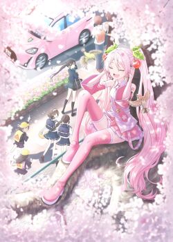 1girl 6+girls ahoge animal backpack bag bird black_socks blush branch breasts car cherry_blossoms cherry_hair_ornament collared_shirt commentary_request detached_sleeves falling_petals floral_print flower food-themed_hair_ornament full_body hair_between_eyes hair_ornament hat hatsune_miku headphones highres itogari long_hair long_legs long_sleeves looking_at_another medium_breasts miniskirt motor_vehicle multiple_girls necktie official_alternate_costume open_mouth petals pink_eyes pink_flower pink_hair pink_necktie pink_petals pink_skirt pleated_skirt sakura_miku school_uniform shirt sitting sitting_on_branch skirt sleeveless sleeveless_shirt socks thighhighs tie_clip twintails very_long_hair vocaloid white_trim wide_sleeves yellow_hat zettai_ryouiki