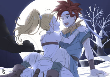 Rule 34 | 1boy, 1girl, armlet, bare shoulders, blonde hair, blue eyes, blue tunic, boots, breasts, brown boots, choker, chrono trigger, commentary request, couple, crono (chrono trigger), full moon, hand on another's shoulder, hands on another's shoulders, headband, hetero, highres, jewelry, kobayashi chizuru, long hair, looking at another, marle (chrono trigger), medium breasts, moon, necktie, night, open mouth, orange necktie, ponytail, red hair, romper, sandals, short hair, signature, sitting, smile, spiked hair, tree, tunic, white headband, white romper