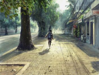 1girl artist_request black_hair black_pantyhose day door falling_leaves from_behind highres leaf long_sleeves motor_vehicle motorcycle original outdoors pantyhose pavement road running scenery shaun_the_sheep shop short_hair signature skirt tree wallace_&amp;_gromit