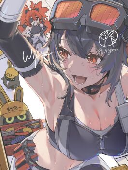 2girls armlet armpits arms_up asymmetrical_gloves baggy_pants bangboo_(zenless_zone_zero) bare_shoulders black_sports_bra blush box breasts canister choker cleavage commentary_request crop_top elbow_sleeve eyepatch from_above gloves goggles goggles_on_head grace_howard hands_on_own_hips jewelry jumpsuit jumpsuit_around_waist koleda_belobog large_breasts midriff multiple_girls navel open_mouth orange_eyes pants pliers red_hair safety_(zenless_zone_zero) screwdriver sidelocks sigm sports_bra sweat tools twitter_username two_side_up unfinished zenless_zone_zero zipper_pull_tab zipper_top