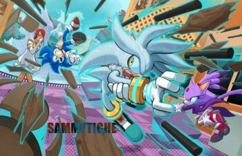 2boys 2girls animal_ears blaze_the_cat blue_eyes boots broken_glass cat_ears cat_tail chair coat dress fountain fur_trim glass gloves green_eyes highres multiple_boys multiple_girls princess_elise_the_third red_hair sammytighe shoes silver_the_hedgehog sneakers sonic_(series) sonic_the_hedgehog sonic_the_hedgehog_(2006) table tail tree wanted_poster white_dress white_gloves