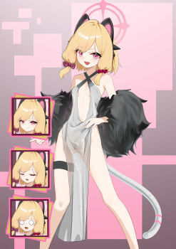 1girl absurdres alternate_costume animal_ear_headphones animal_ears bare_shoulders blonde_hair blue_archive bow breasts breasts_apart cat_ear_headphones cat_ears cat_tail chinese_commentary commentary_request cowboy_shot criss-cross_halter dress evening_gown fake_animal_ears hair_bow halo halter_dress halterneck headphones highres legs_apart loli looking_at_viewer marshal_(artist) mechanical_tail medium_hair momoi_(blue_archive) multiple_expressions no_panties open_mouth pelvic_curtain pink_eyes red_bow silver_dress small_breasts smile standing tail thigh_gap thigh_strap