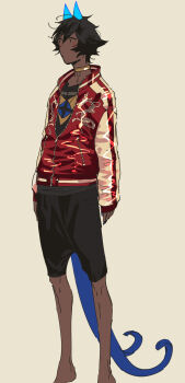 Rule 34 | 1boy, arjuna (fate), arjuna alter (fate), arms at sides, barefoot, black hair, black shorts, dark-skinned male, dark skin, fate/grand order, fate (series), gold choker, highres, horns, jacket, kokujin youhei, long sleeves, looking ahead, male focus, red jacket, short hair, shorts, simple background, solo, tail, track jacket, white background